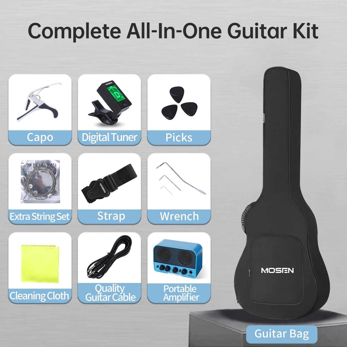 MOSEN 39in Full Size Beginner Electric Guitar Starter Kit, Beginner Starter, with Amplifier, SSS Pickups, Gig Bag, Pick, Tunner, Capo, Cable, Tremolo Bar, Wiping cloth - Blue