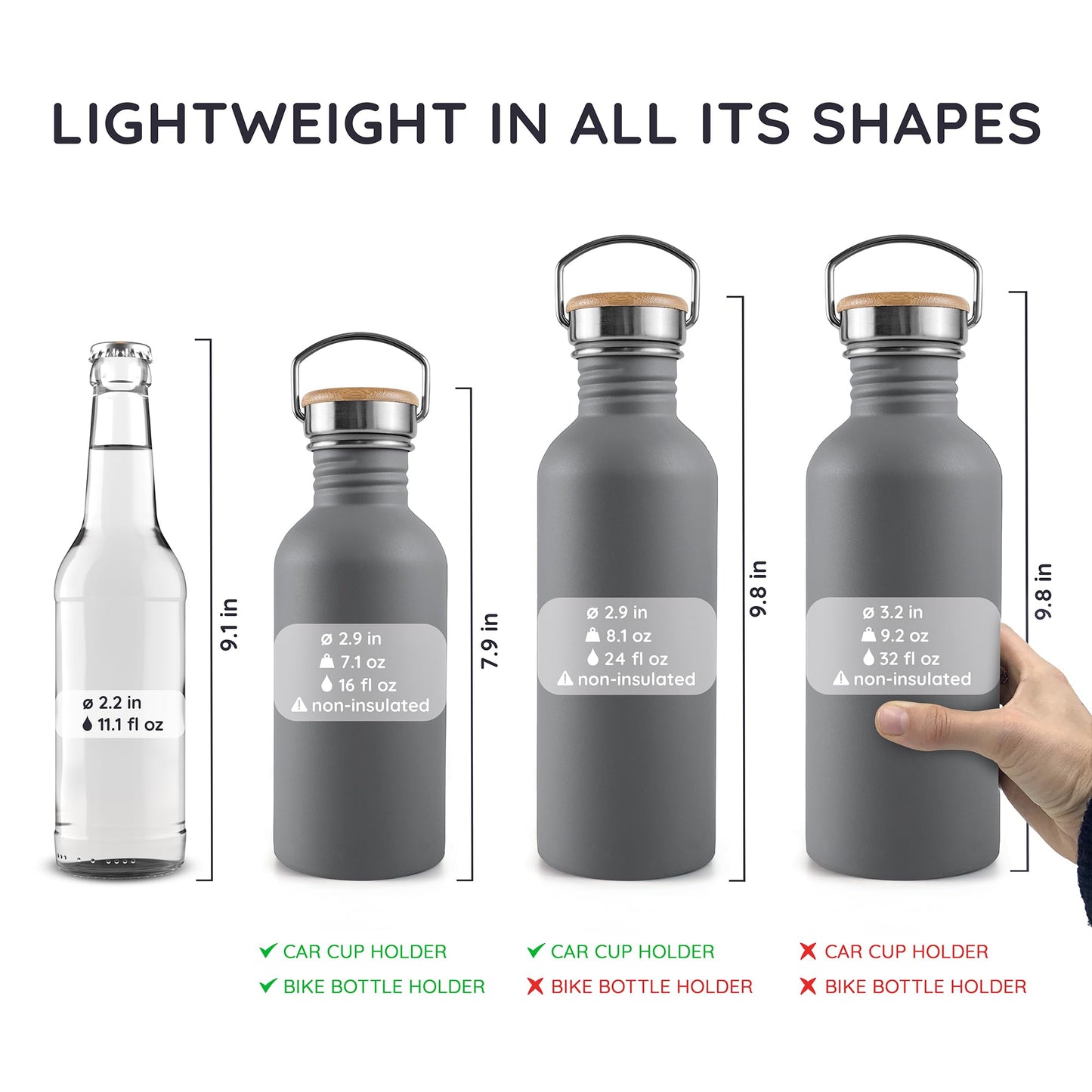 Bambaw 16 oz Water Bottle no Straw, Gray Single Wall Stainless Steel Water Bottle, Non-insulated Reusable Water Bottle BPA Free 16 oz, Small Water Bottle with Handle – Stormy Gray