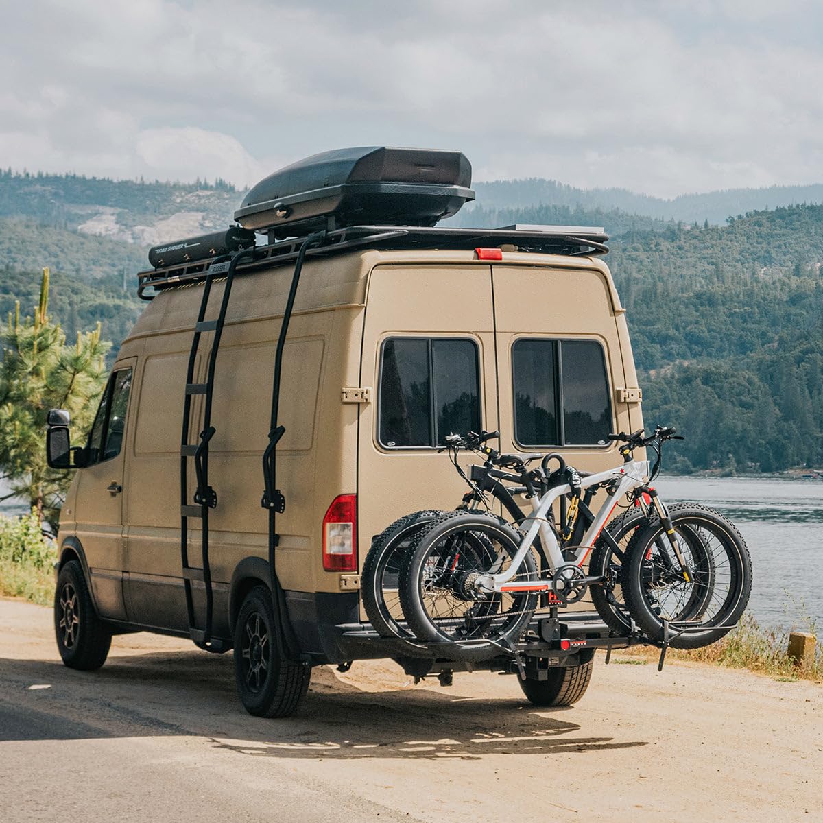 Hollywood RV Rider Hitch Bike Rack for 2 E-Bikes up to 80 lbs Each - Premium Electric Bike Rack for RV, Fifth Wheel, Flat Towed Vehicle - Durable for Standard and Fat Tire Bikes