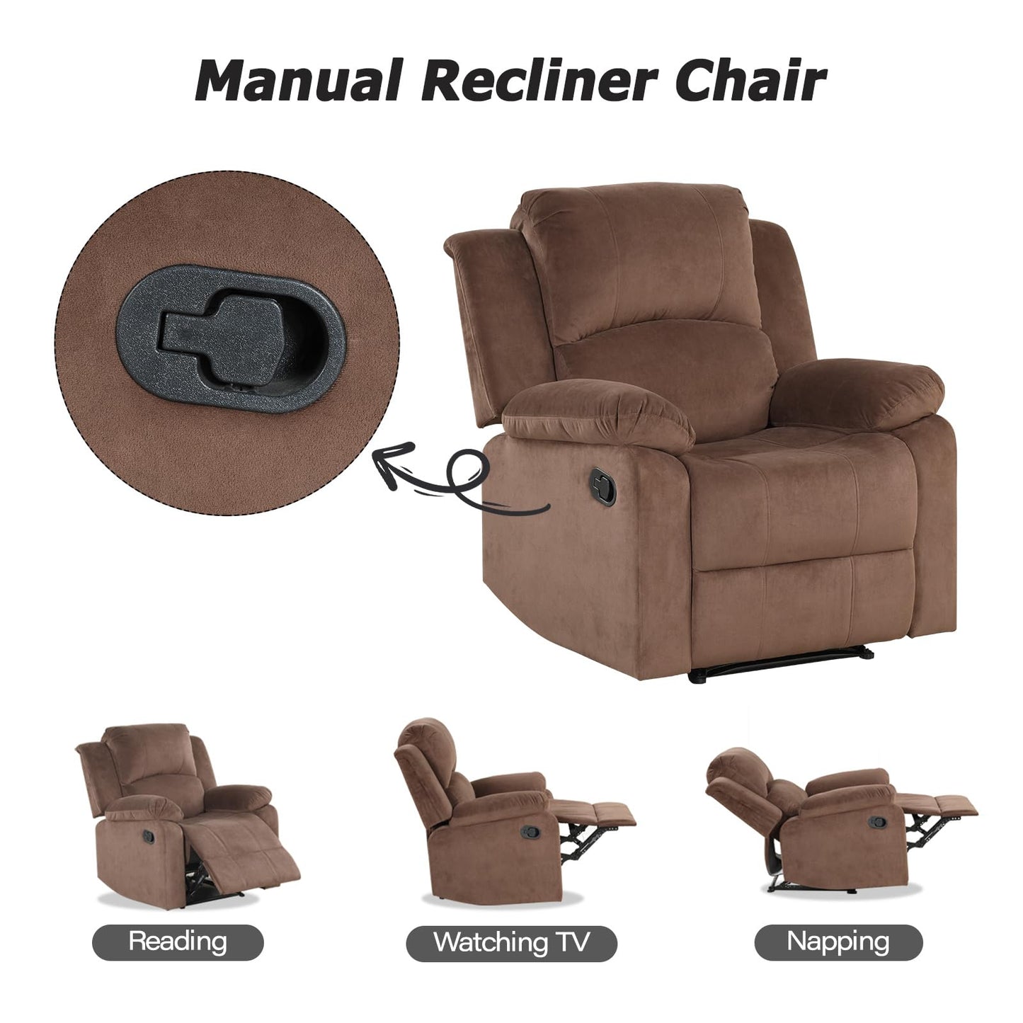 CANMOV Manual Recliner Chair Set of 2, Soft Fabric Overstuffed Recliner Single Sofa Chair for Living Room Bedroom, Heavy Duty and Safety Reclining Mechanism, Light Brown
