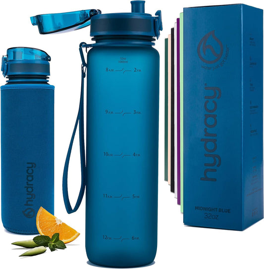 Hydracy Water Bottle with Time Marker -Large 32 oz BPA Free & No Sweat Sleeve -Leak Proof Gym Bottle with Fruit Infuser Strainer & Times to Drink -Ideal Gift for Fitness Sports & Outdoors