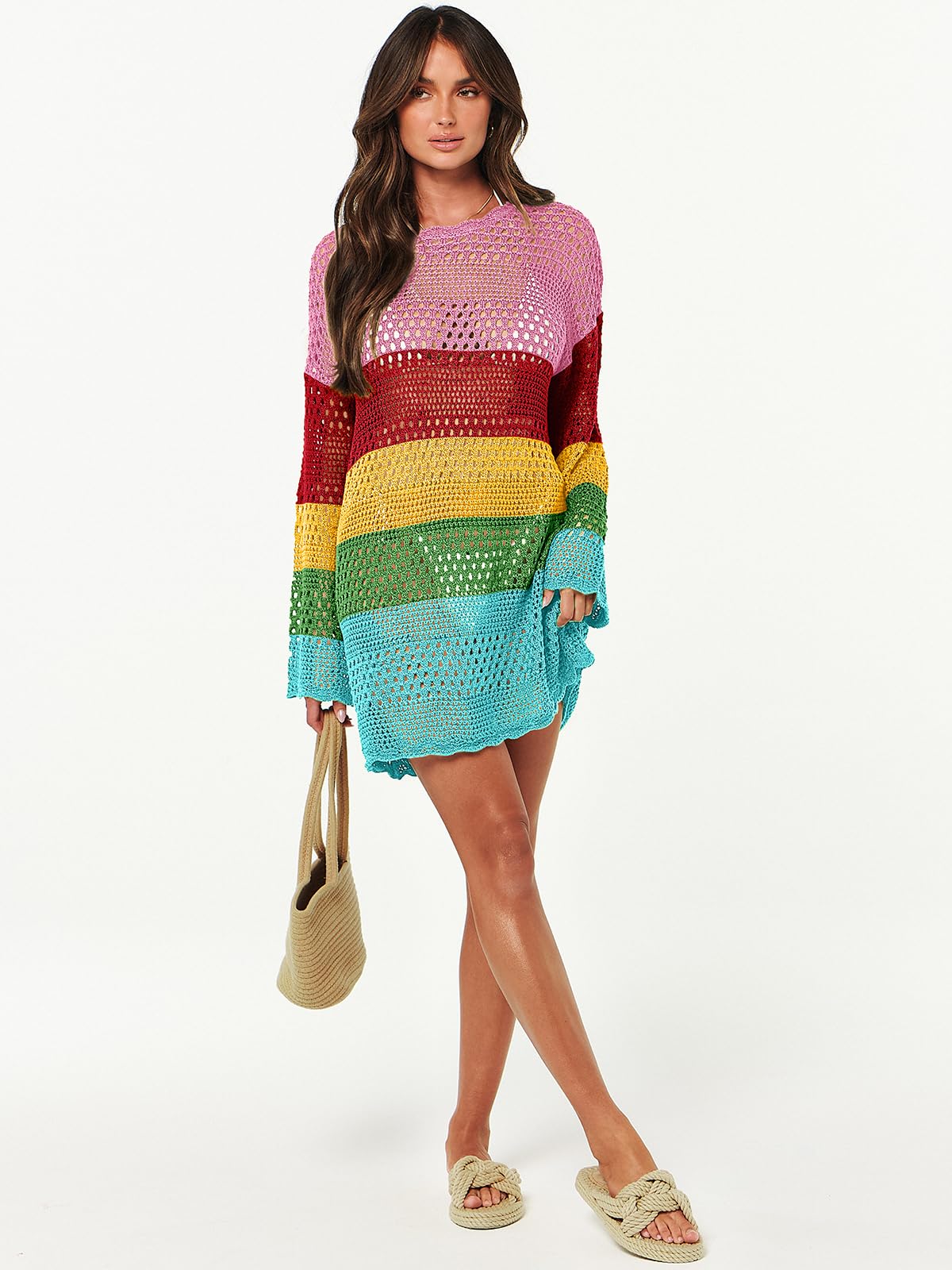 ANRABESS Women Swimsuit Crochet Swim Cover Up 2024 Summer Bathing Suit Swimwear Mesh Knit Beach Dress Vacation Outfits Rainbow Stripe Small