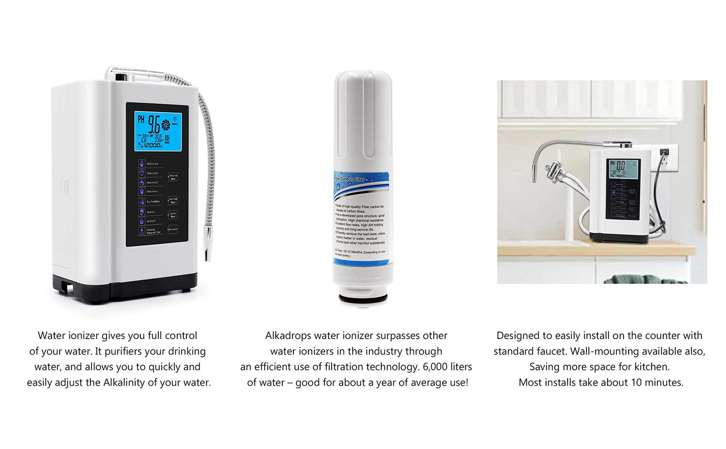 AlkaDrops Water Ionizer, Water Purifier Machine PH 3.5-10.5 Alkaline Acid Water Machine,Up to -500mV ORP, 8000 Liters Per Filter,7 Water Settings,Auto-Cleaning,Intelligent Voice