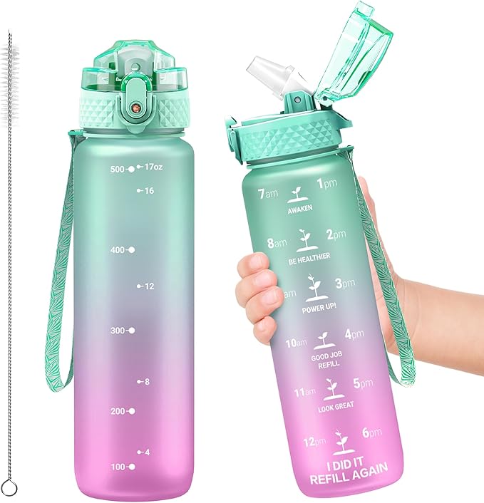 OLDLEY Kids Water Bottle for School, 17 oz (Straw Lid) BPA-Free Reusable Leak-proof Durable Tritan Plastic Water Bottles with One-handed Opening Straw Lids, Anti-dust Spout Cover (Green-Purple)