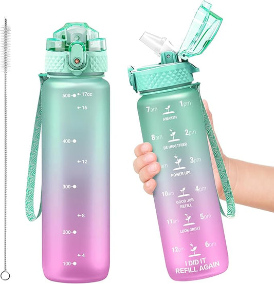 OLDLEY Kids Water Bottle for School, 17 oz (Straw Lid) BPA-Free Reusable Leak-proof Durable Tritan Plastic Water Bottles with One-handed Opening Straw Lids, Anti-dust Spout Cover (Green-Purple)