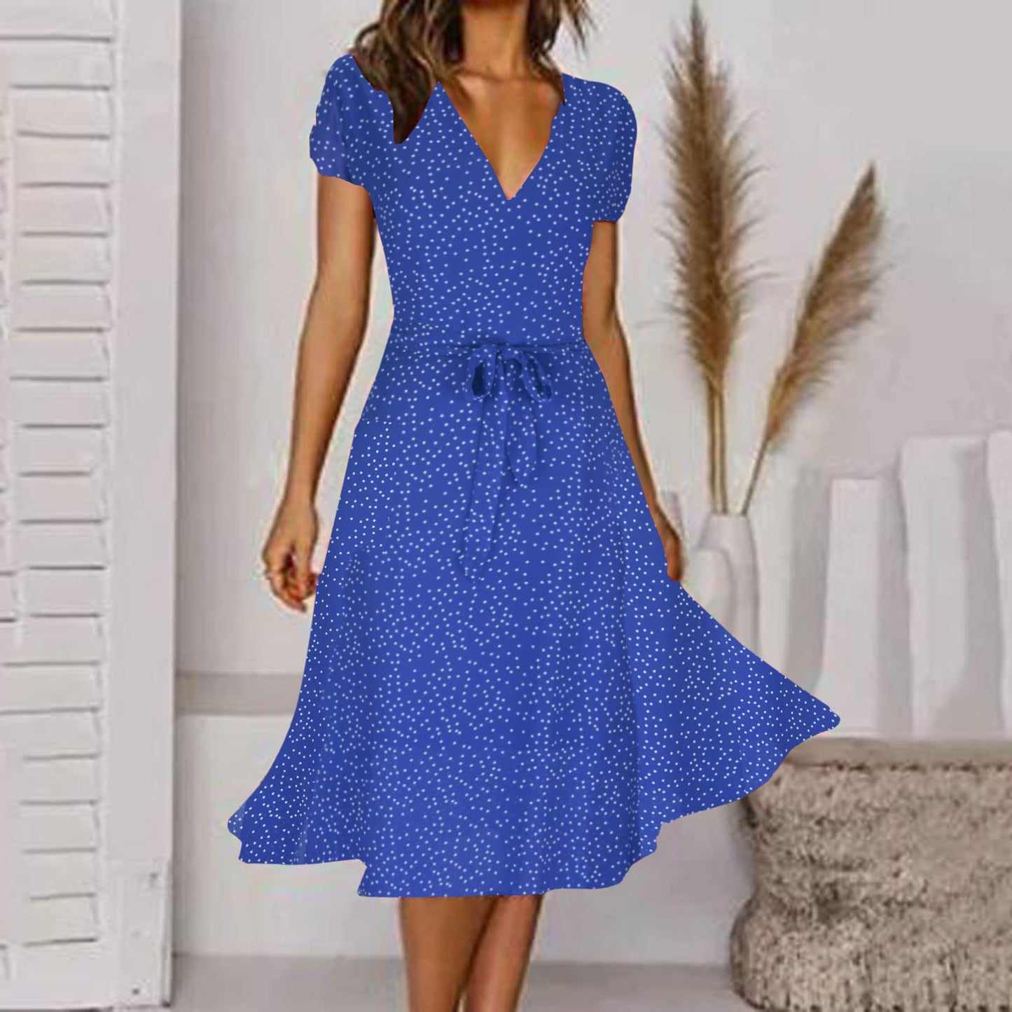 10 and Under Gifts, Dresses for Women 2024 Casual Fashion V Neck Swing Polka Tie Waist Dress Summer Ruffle Short Sleeve Midi Sundress