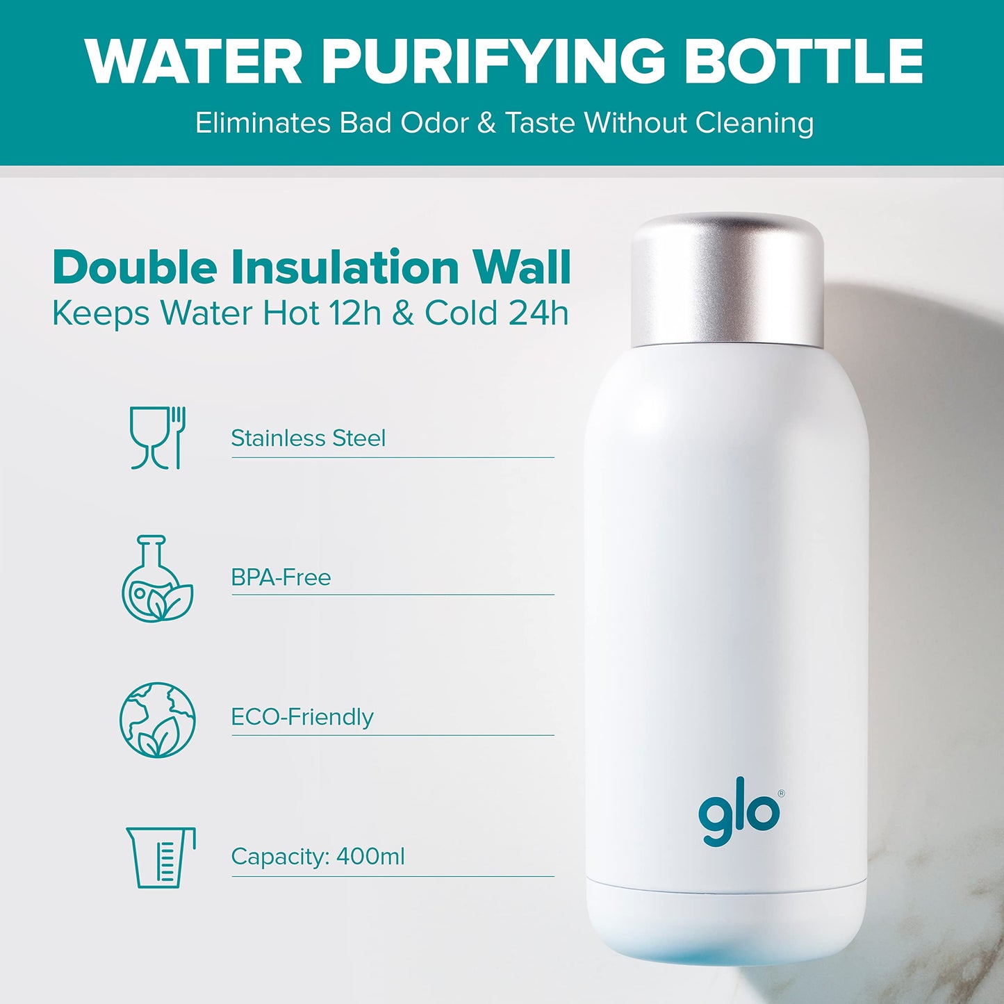 Glo - UV Water Smart Bottle | Eliminates Bad Odor and Taste | Double Insulation Stainless Steel BPA Free 400ml | Keeps Water Hot 12h and Cold 24h | Perfect for Camping Hiking Cycling and Survival