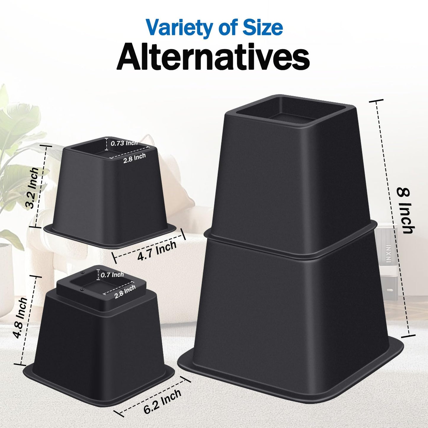 ANNKUT Bed Risers 8 inch Heavy Duty,Elevation in Heights 3, 5, 8 Inch，Adjustable Furniture Risers for Chair Table and Desk Legs Lifting (6 Pack,Black)