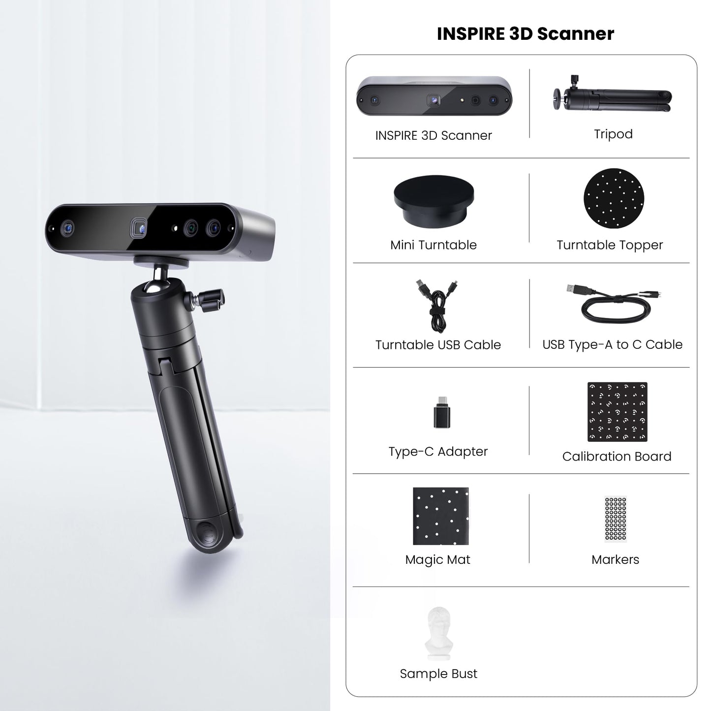 Revopoint Inspire 3D Scanner for 3D Printing Handheld, 3D Printer Scanner 0.2mm Precision, Full Color 3D Model Scanning for Car Customization, Digital Art, DIY Projects, Support Android/iOS/Mac/Win