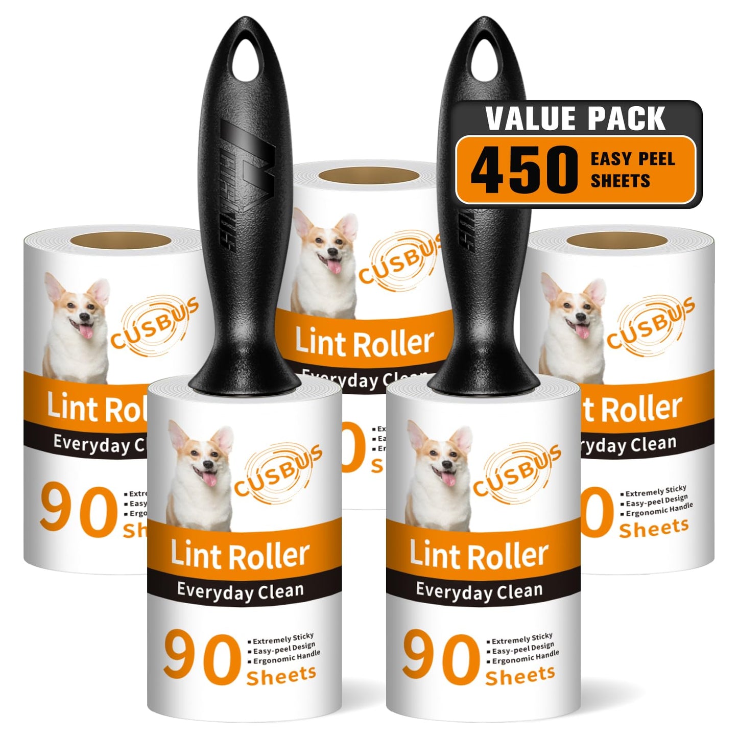 Cusbus Lint Rollers for Pet Hair - Extra Sticky, [450 Sheets/5 Refills] Lint Roller with 2 Upgraded Handles, Portable Lint Remover Brush for Dog & Cat Hair