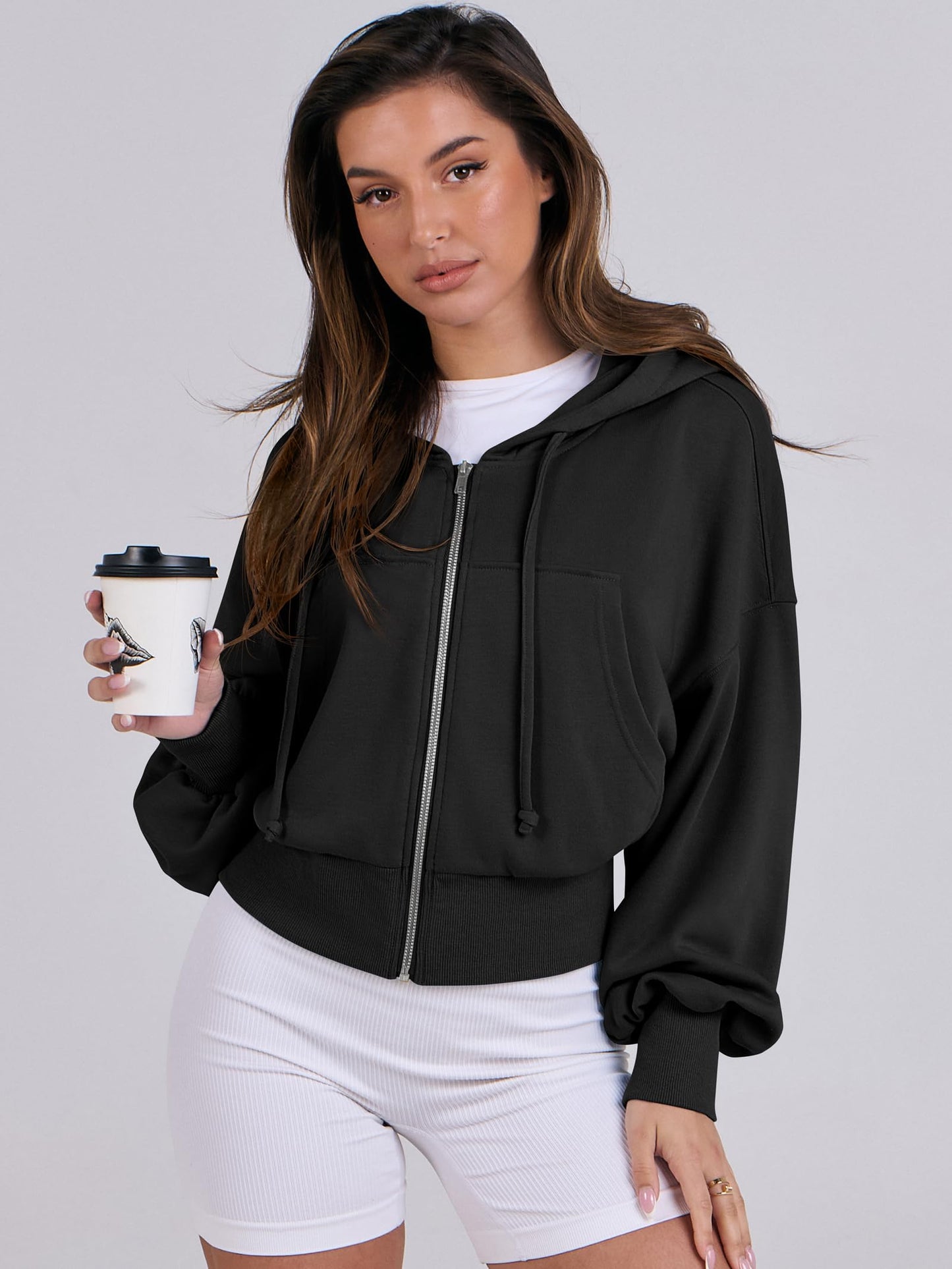 ANRABESS Women's Zip Up Hoodies Cropped Sweatshirts Full Zip Jackets 2024 Casual Fashion Fall Outfits Winter Clothes Black Medium
