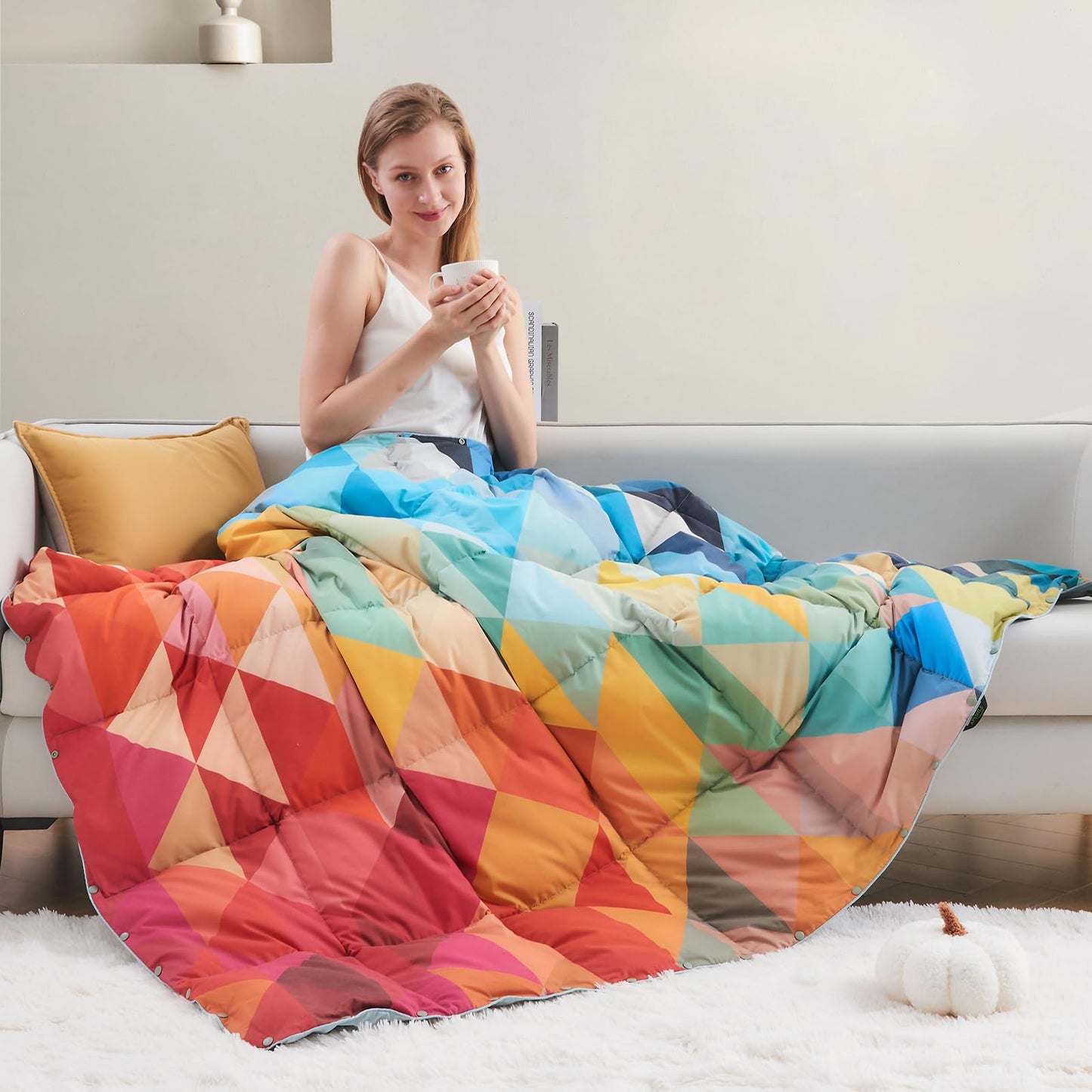APSMILE Mosaic Print Down Throw Blanket | Indoor/Outdoor Extra Fluffy & Warm Packable Down Feather Fibers Blanket with Snap Buttons for Bed, Couch, Sofa, Travel, Camping, 50x70 Inches