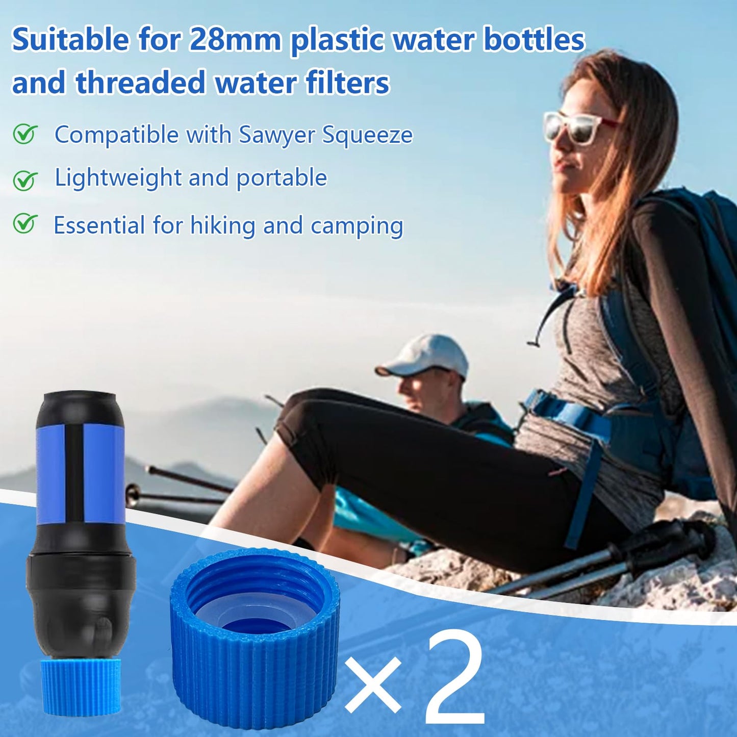 2 Pcs Water Filter Coupling Kit, Filter Cleaning Gasket With Seal, Compatible with 28mm External Threaded Water Filters and Plastic Bottles for Mountaineering Camping