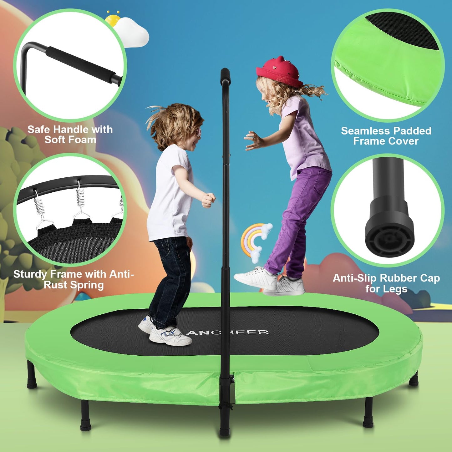 ANCHEER Foldable Trampoline, Mini Rebounder Trampoline with Adjustable Handle, Exercise Trampoline for Indoor/Garden/Workout Cardio, Parent-Child Twins Trampoline Max Load 220lbs (Training Green)