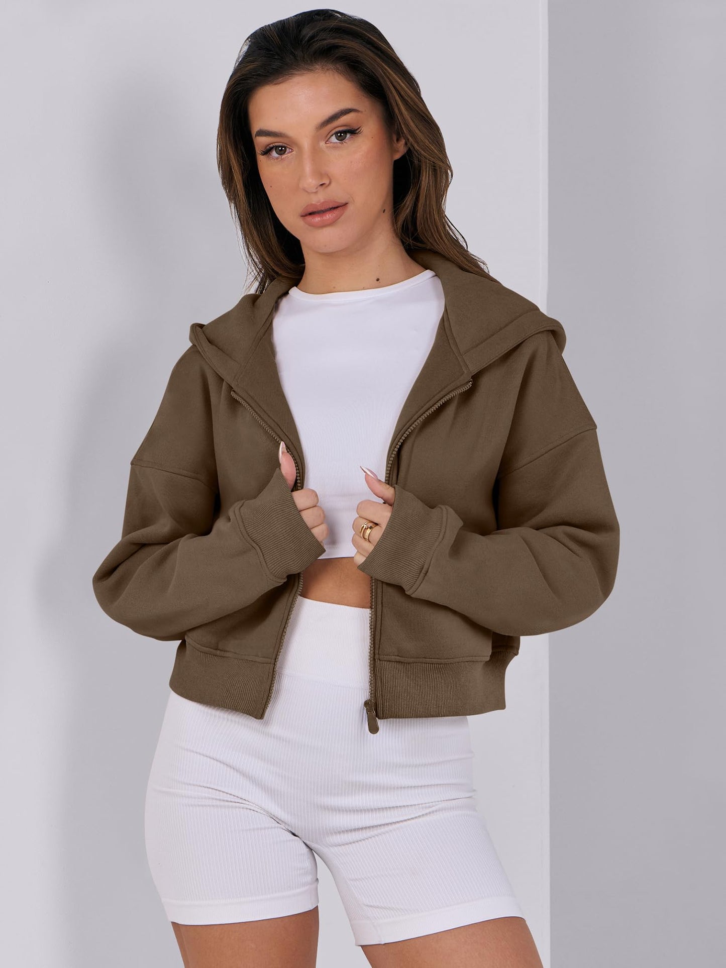 ANRABESS Womens Zip Up Crop Hoodie Sweatshirts 2024 Fall Trendy Long Sleeve Cropped Jacket Top Winter Teen Girls Clothes Dark Brown Medium