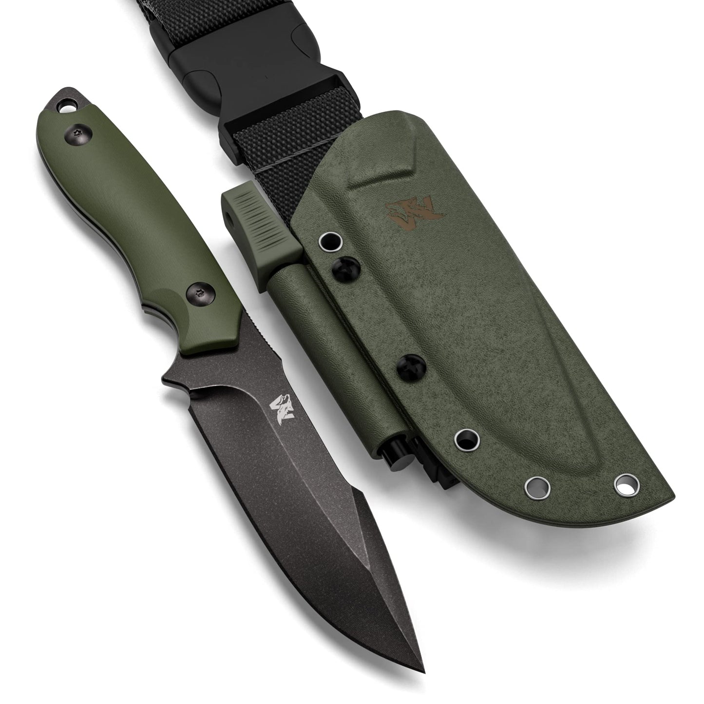 ODENWOLF AMBULO Fixed Blade Survival Knife with Kydex Sheath and Fire Starter - Bushcraft Knife Full Tang - Made of strong D2 Steel - Hunting Knife with Belt Loop and G10 Handle - Full Tang Knife