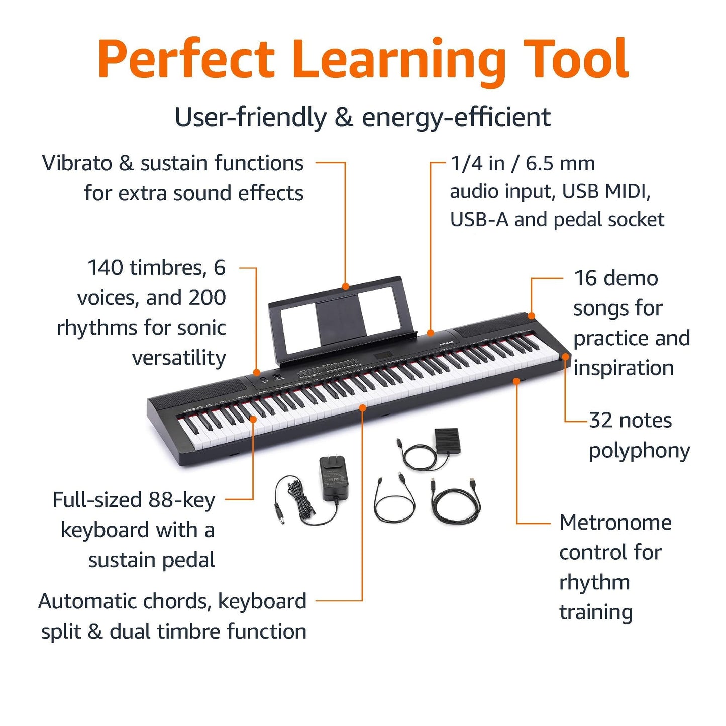 Amazon Basics Electric Keyboard 88-Keys, Semi-Weighted Digital Piano For Performance with Sustain Pedal, Power Supply, 2 Speakers, Lesson Mode, Black