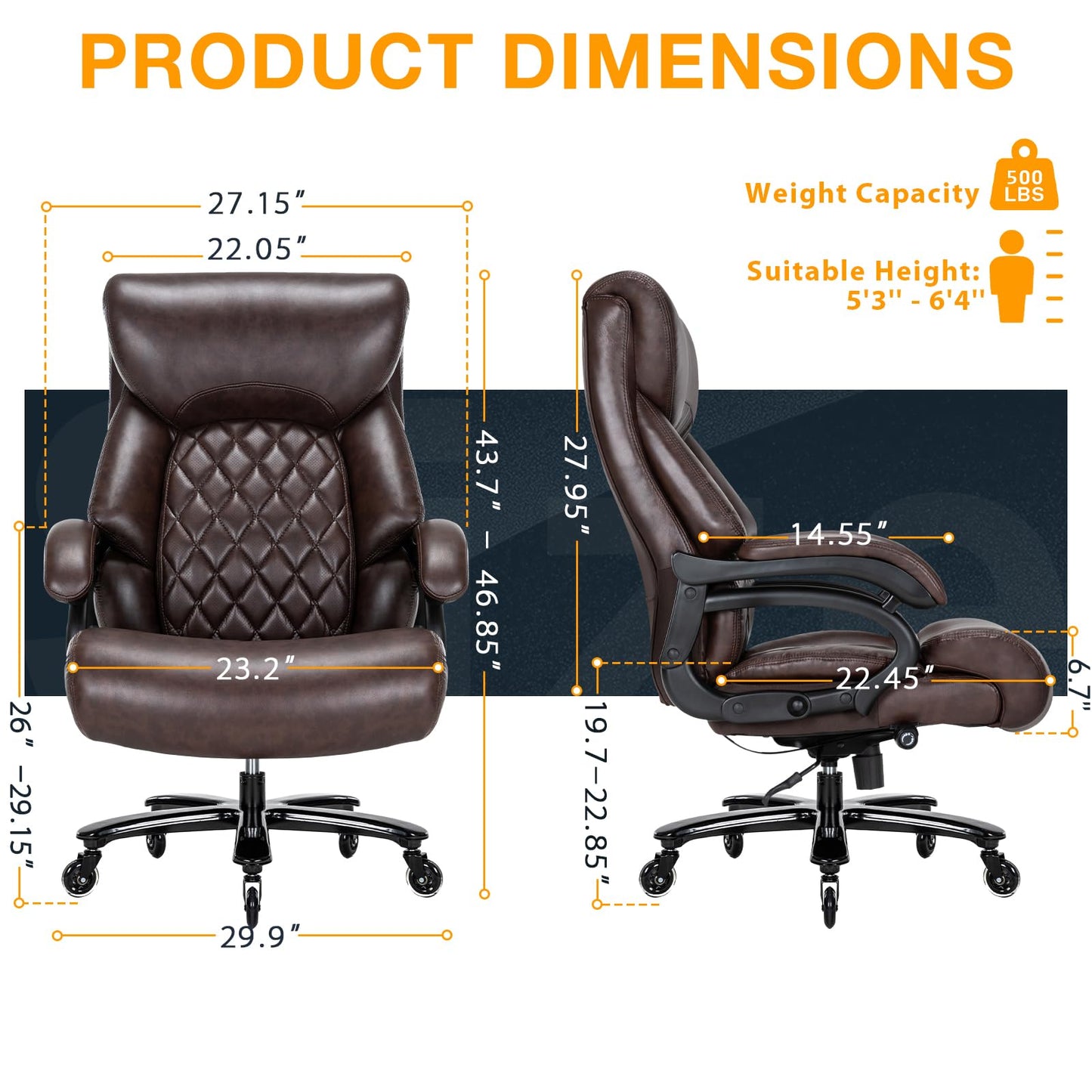 Big and Tall Office Chair for Heavy People, 500LBS High Back Extra Wide Heavy Duty Executive Office Chair Comfortable for Home Office, Large Computer Desk Chair with Adjustable Lumbar Support Brown