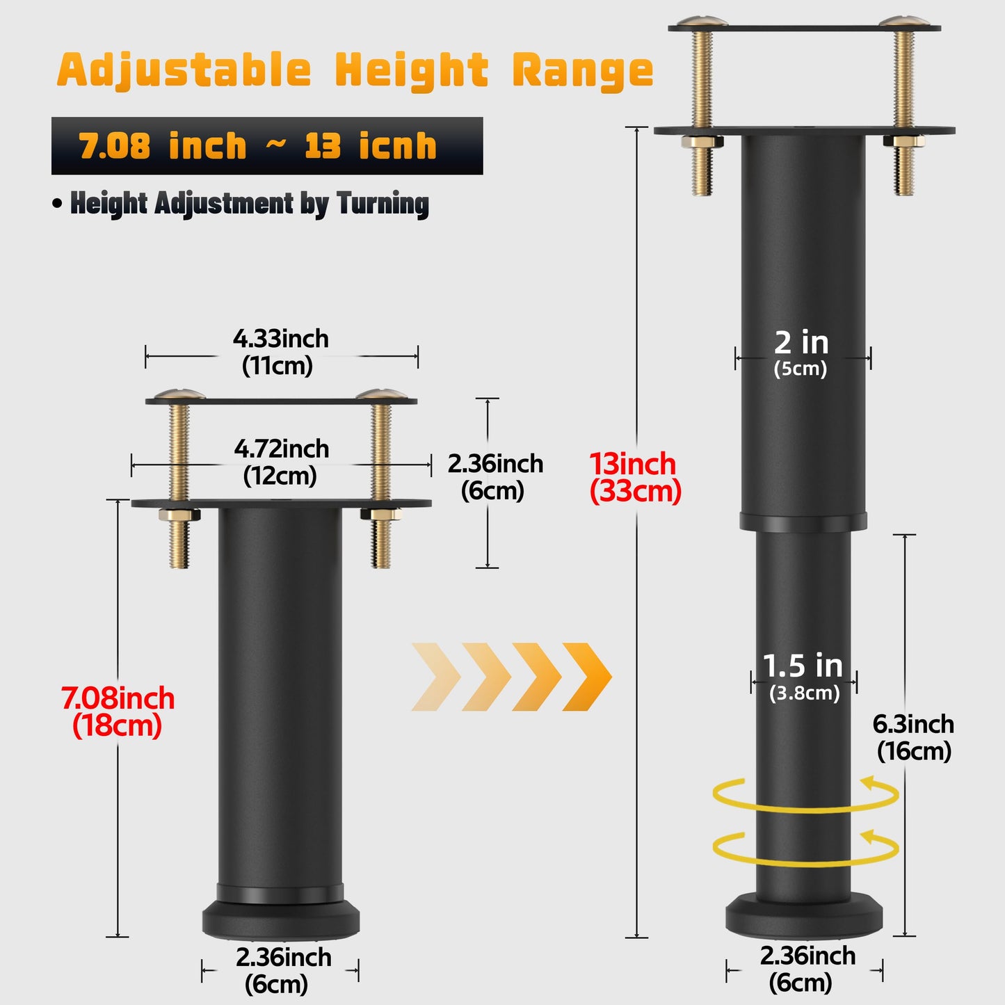 Wlrrcwdttc 4 Pcs Adjustable Height Bed Support Legs 7.08-13 inch, Bed Frame Center Support Legs for Bed Frame/Bed Center Slat/Furniture, Heavy Duty Metal Bed Replacement Legs Bed Slats Support Legs
