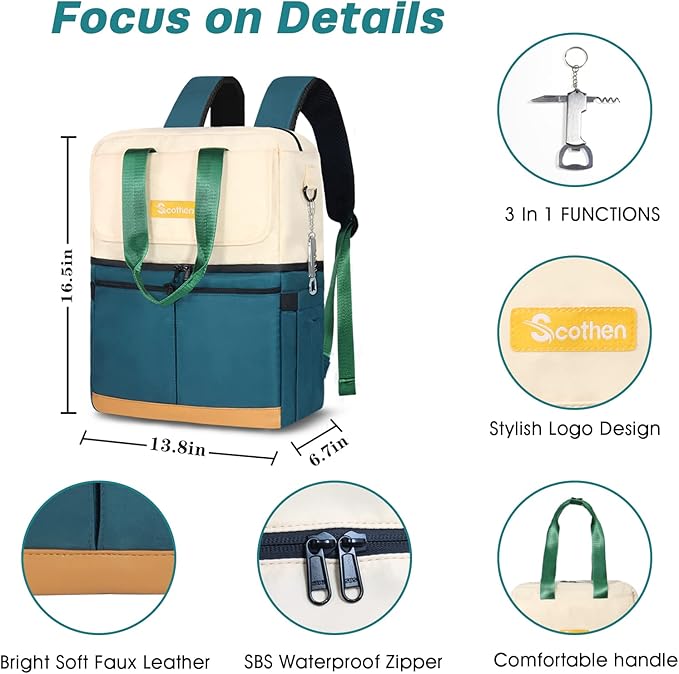 Backpack Cooler with Double Decker & 12 Ice Packs- Keeps 36 Cans Cold for Up to 24 Hours- Waterproof & Leak Proof Insulated Cooler Backpack- Stylish Cooler Bookbag for Women Travel Work Beach