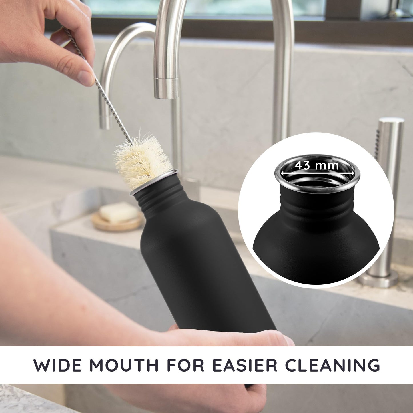 Bambaw 16 oz Water Bottle, Black Water Bottle with Handle, Non-insulated Metal Water Bottle Dishwasher Safe, Stainless Steel Water Bottle no Straw, Small Water Bottle – Jet Black
