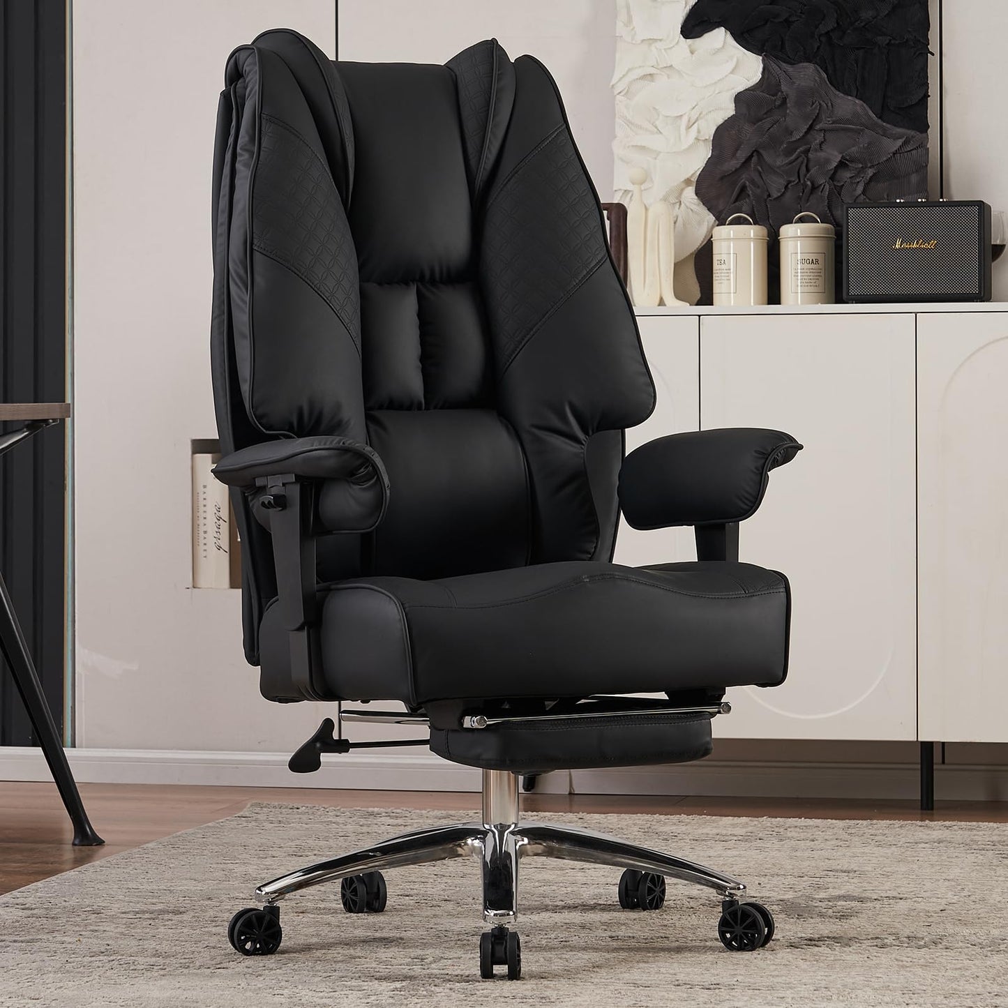 EXCEBET Big and Tall Office Chair 400lbs Wide Seat, Leather High Back Executive Office Chair with Foot Rest, Ergonomic Chairs Lumbar Support for Lower Back Pain Relief (Black)