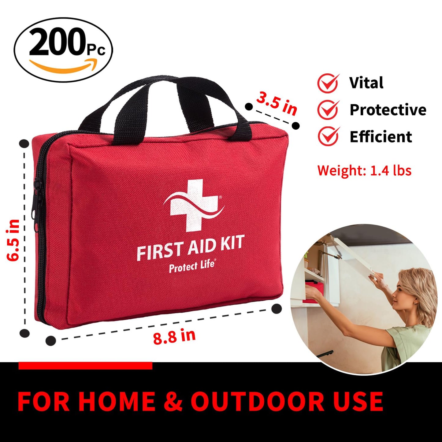 Protect Life First Aid Kit for Home/Business, HSA/FSA Eligible Emergency Kit - Medical First Aid Kit - Camping First Aid Kit Hiking - 200pcs