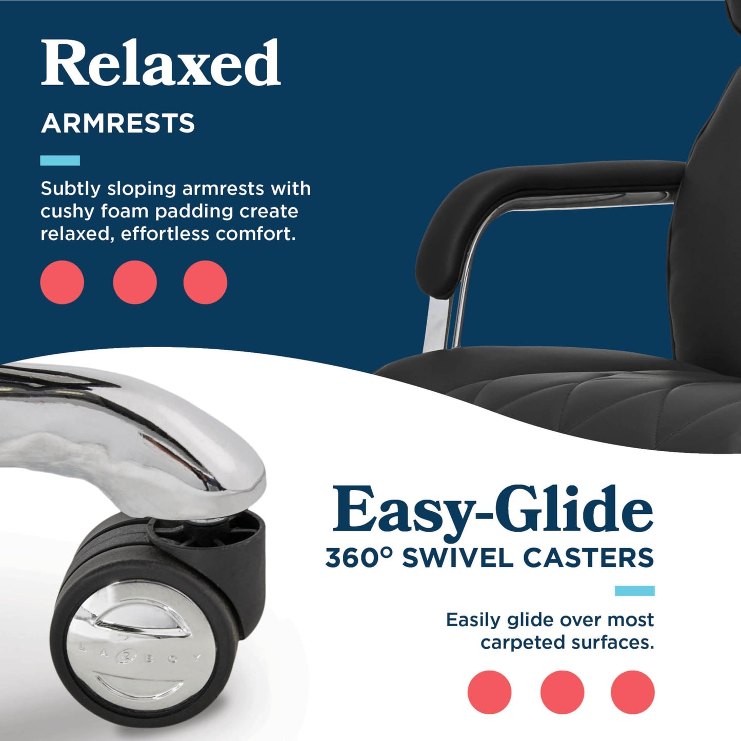 La-Z-Boy Sutherland Quilted Leather Executive Office Chair with Padded Arms, High Back Ergonomic Desk Chair with Lumbar Support, Black Bonded Leather