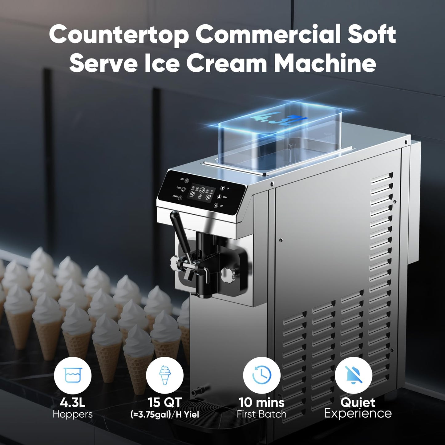 15 QT(≈3.75gal)/H Commercial Ice Cream Maker Machine,100-150 servings, 4.3L 304 Stainless Steel Bowls, 1.6L Freezing Tank, Soft Serve Frozen for Startups & Home Businesses