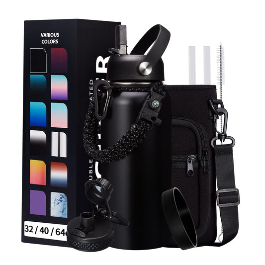 32-40-64OZ Stainless Steel Water Bottle - Black Water Bottle with Straw & Spout Lid, Paracord Handle & Bottle Sleeve, Insulated Vacuum Water Flask Double-Wall Metal Thermo Cup Canteen for Gym School