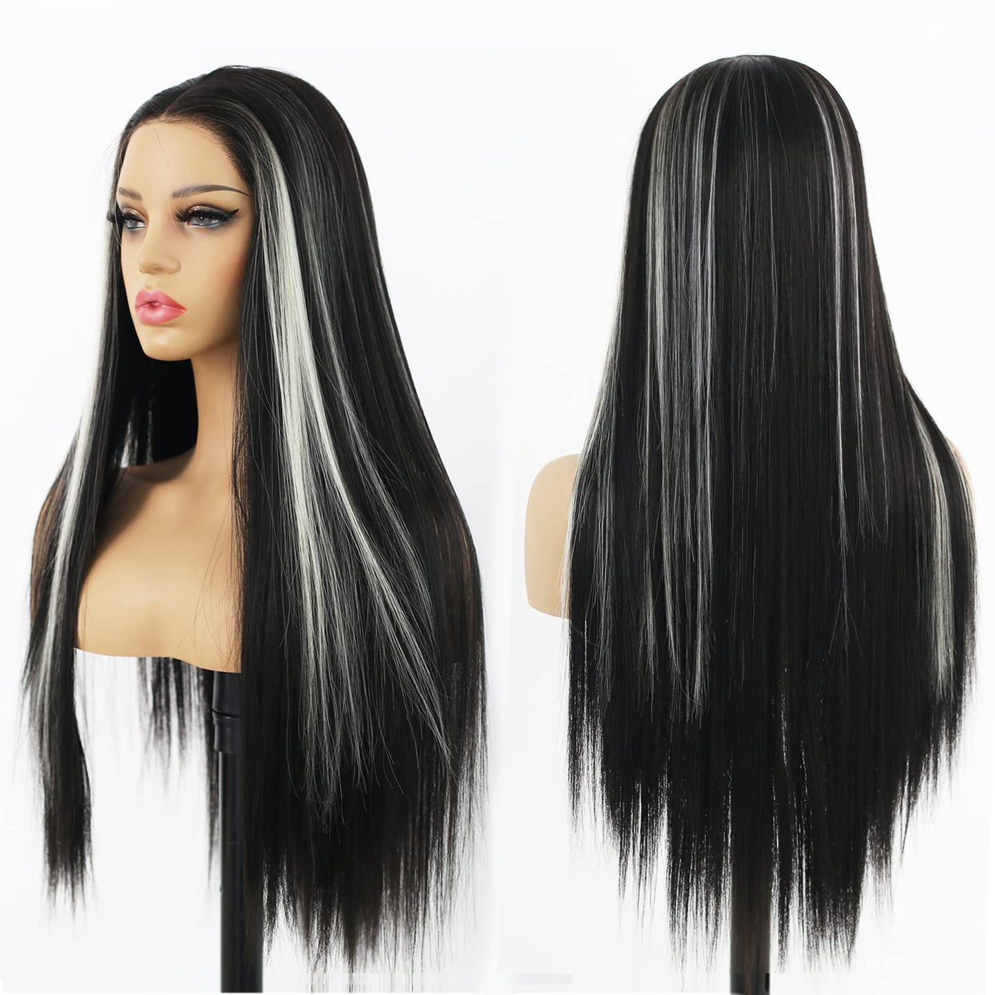 ANDRIA Lace Front Wigs Straight Hair Glueless Synthetic Long Silk Natural Wig Heat Resistant Fiber Black and White Skunk Stripe Colorful With Baby For Women 24 Inches