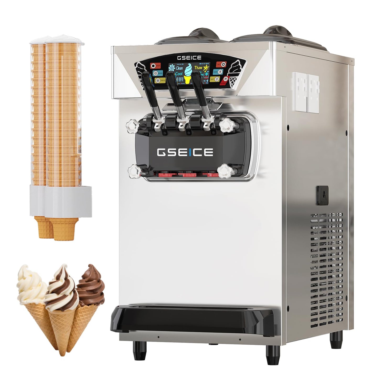 GSEICE Commercial Ice Cream Machine, 5.8–7.4 Gal/H, 2+1 Flavors Soft Serve Ice Cream Maker, 2 x 8L Hoppers Pre-Cooling LCD Display for Restaurant Countertop Snack,Ultra-Slim Silver