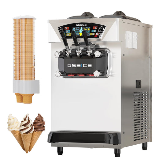 GSEICE Commercial Ice Cream Machine, 5.8–7.4 Gal/H, 2+1 Flavors Soft Serve Ice Cream Maker, 2 x 8L Hoppers Pre-Cooling LCD Display for Restaurant Countertop Snack,Ultra-Slim Silver