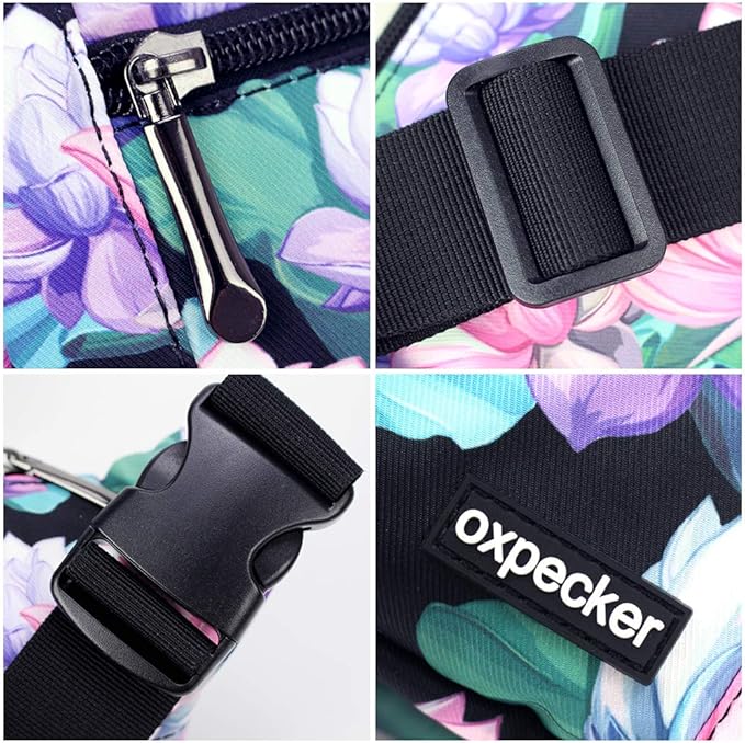 Oxpecker Waist Pack Bag with Rain Cover, Waterproof Fanny Pack for Men&Women, Workout Traveling Casual Running Hiking Cycling, Hip Bum Bag with Adjustable Strap for Outdoors (Black Base Floral)