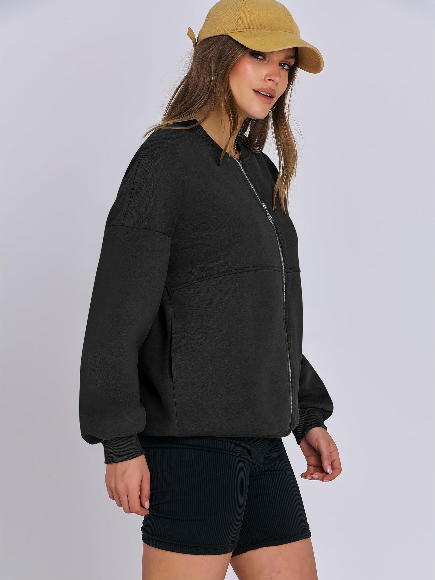 ANRABESS Women's Zip up Oversized Sweatshirts Fleece jacket Coat Long Sleeve Casual Hoodie 2024 Winter Teen Girl Top Clothes Black Small