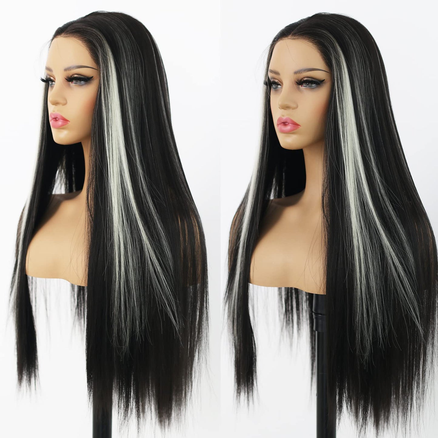 ANDRIA Lace Front Wigs Straight Hair Glueless Synthetic Long Silk Natural Wig Heat Resistant Fiber Black and White Skunk Stripe Colorful With Baby For Women 24 Inches