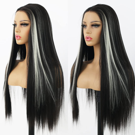 ANDRIA Lace Front Wigs Straight Hair Glueless Synthetic Long Silk Natural Wig Heat Resistant Fiber Black and White Skunk Stripe Colorful With Baby For Women 24 Inches