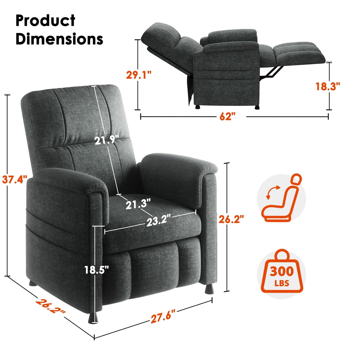 Amada Power Recliner Chair for Adults, Adjustable Modern Chenille Reclining Chair with Side Pockets, Remote, Footrest, Thick Seat Cushion for Home Theater, Living Room & Bedroom, RV (Dark Grey)