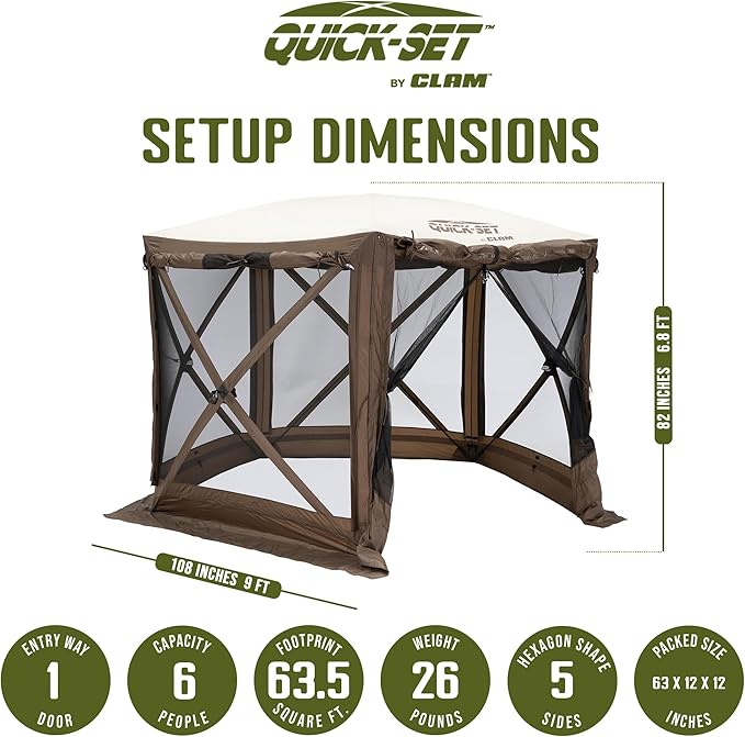 CLAM Pop Up Screen Tent, Outdoor Camping Gazebo Canopy, Adventure with Wind Panels, 9' x 9', Brown