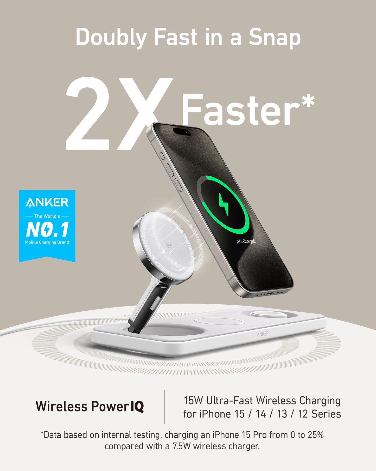 Anker iPhone 16 Foldable 3-in-1 Wireless Charging Station, Qi2 Certified 15W Ultra-Fast MagSafe-Compatible Wireless Charger, for iPhone 15/14 Series, AirPods, Apple Watch (USB-C Charger Included)
