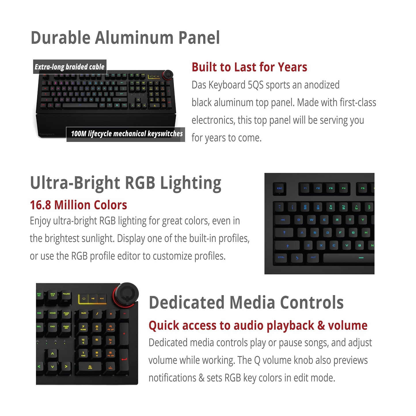 Das Keyboard 5QS Smart RGB Programmable Mechanical Keyboard for Work & Gaming, Soft Tactile Mechanical Switches, Built-in RGB Profiles, Palm Rest, Volume Knob, Aluminum Top (104 Keys, Black)