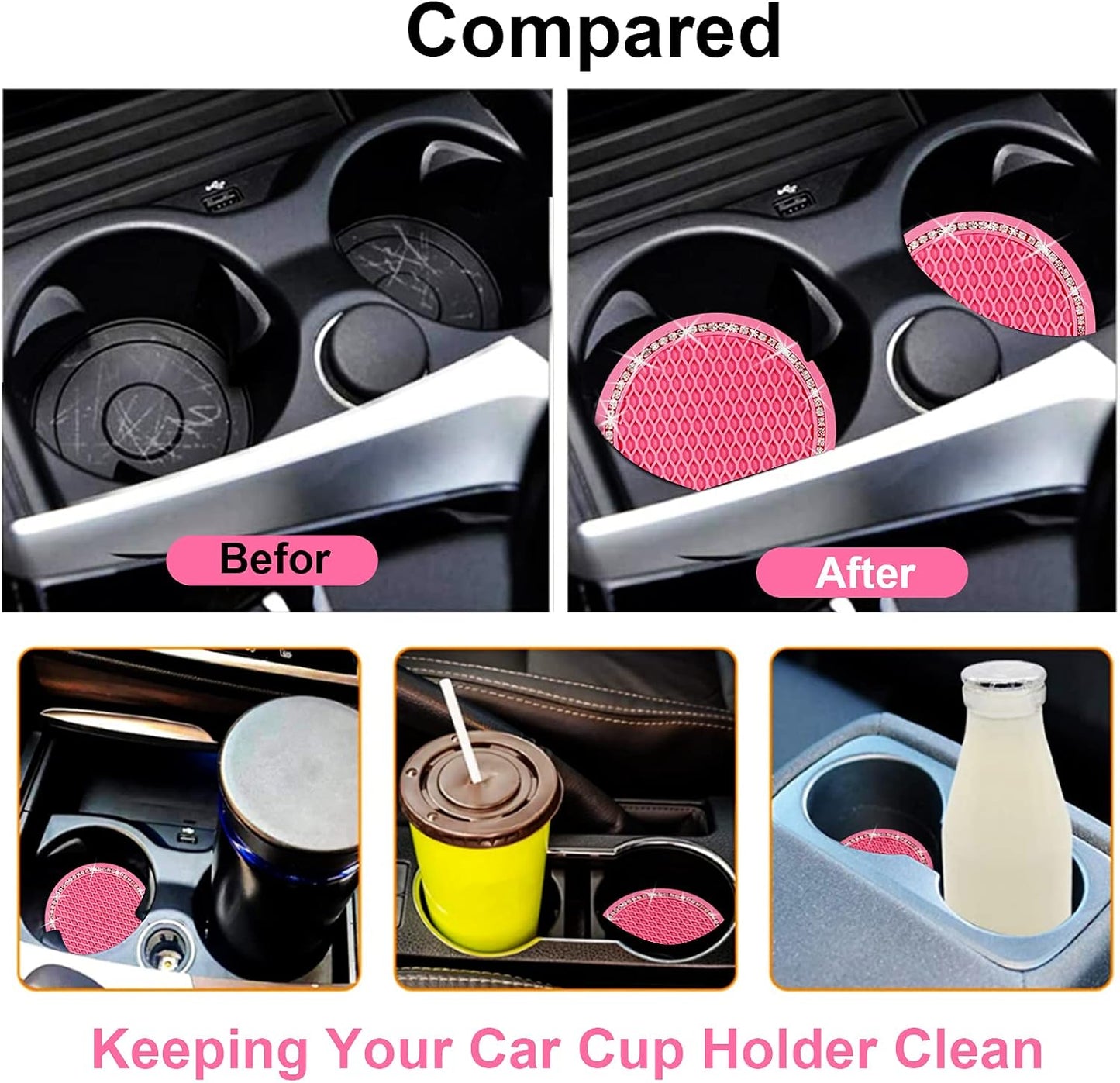 2PCS Bling Car Cup Coaster, 2.75 Inch Auto Cup Holder Insert Coasters Silicone Anti-Slip Crystal Rhinestone Drink Mat, Universal Vehicle Interior Accessories for Women Girls (Pink)