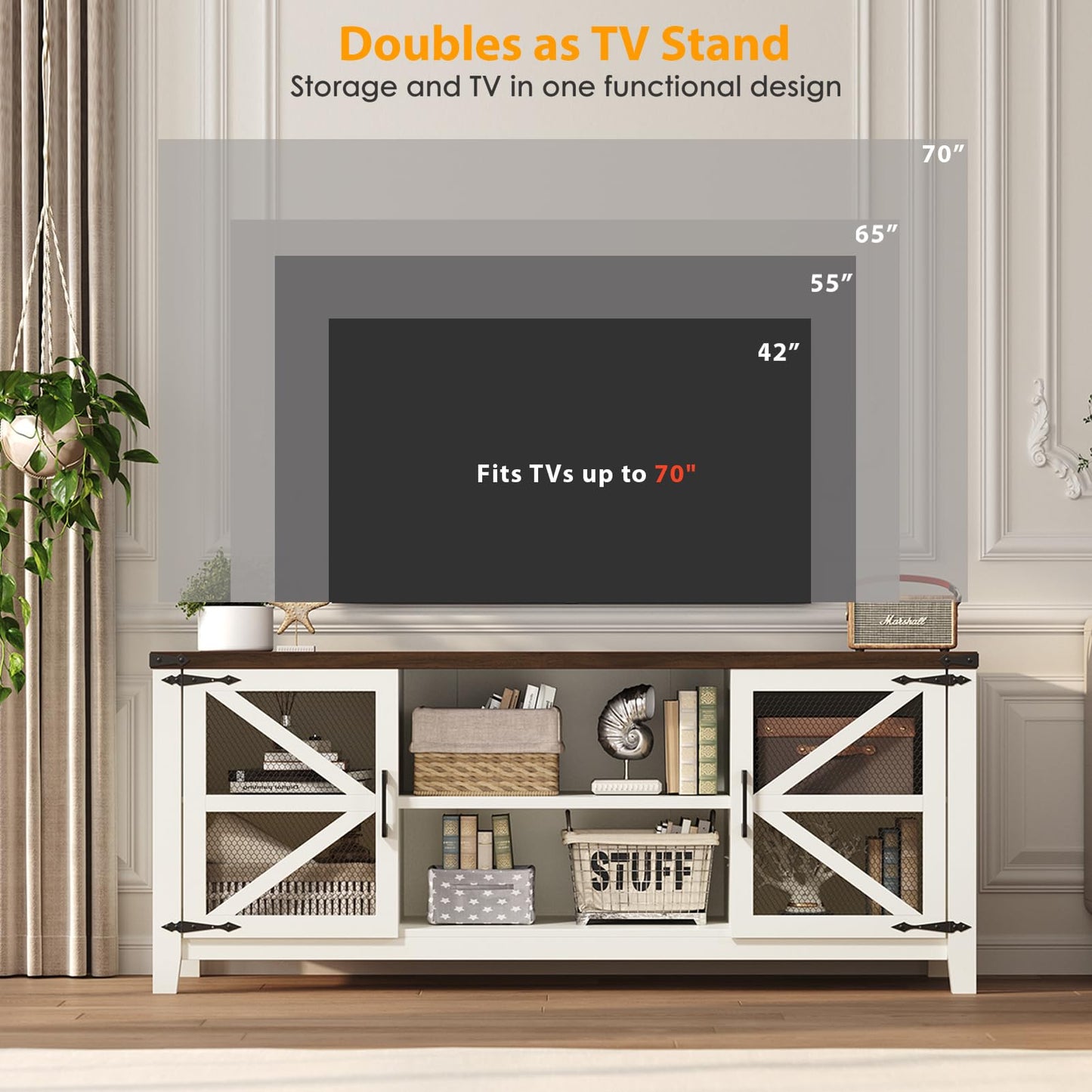 Algglobuy Modern Farmhouse Tv Stand for TVs up to 70 Inch, 58 Inch Entertainment Center with Iron Mesh Door & 2 Adjustable Shelves, Media TV Console Table for Living Room, White (White, 58 Inch)