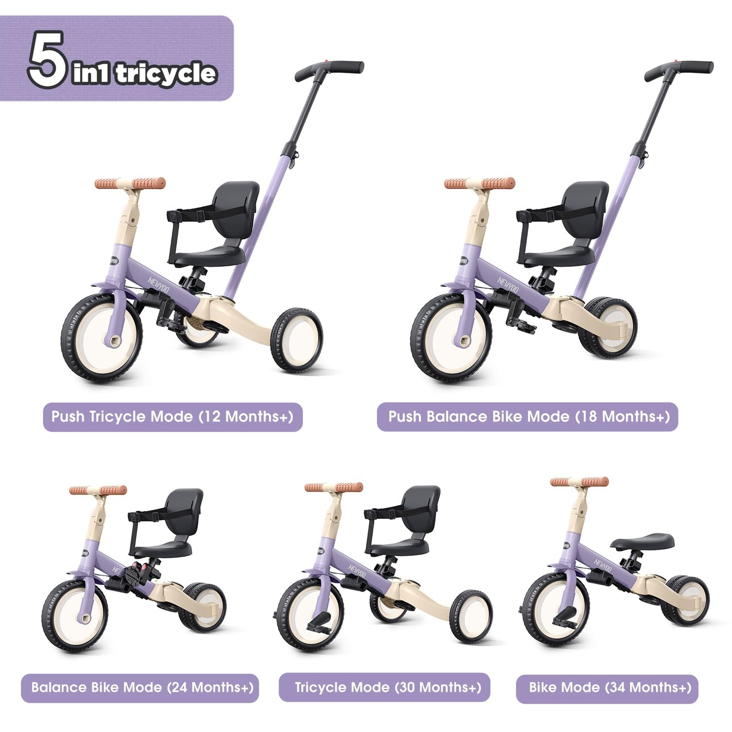 newyoo Toddler Tricycle with Push Handle for 1-3 Year Old, Toddler Bike, Birthday Toy for Boys & Girls, 5 in 1 Kids Trike, Balance Bike with Backrest & Safety Belt, Purple, TR007