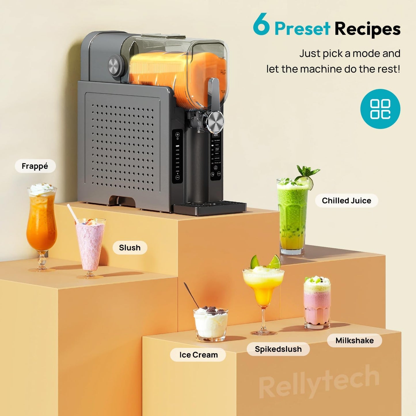 Rellytech Slushie Machine for Home – 70oz Frozen Drink Maker with 6 Presets, No Ice Needed, 360° Mixing, One-Touch Self-Cleaning, Ice Cream & Smoothie Machine for Margaritas, Frappés, Cocktails & More