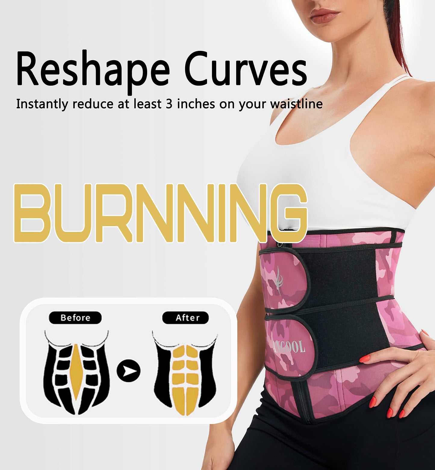 ANGOOL Neopren Waist Trainer For Women,Workout Plus Size Trimmer Belt Sauna Sweat Corset Cincher With Zipper S Pink Camo