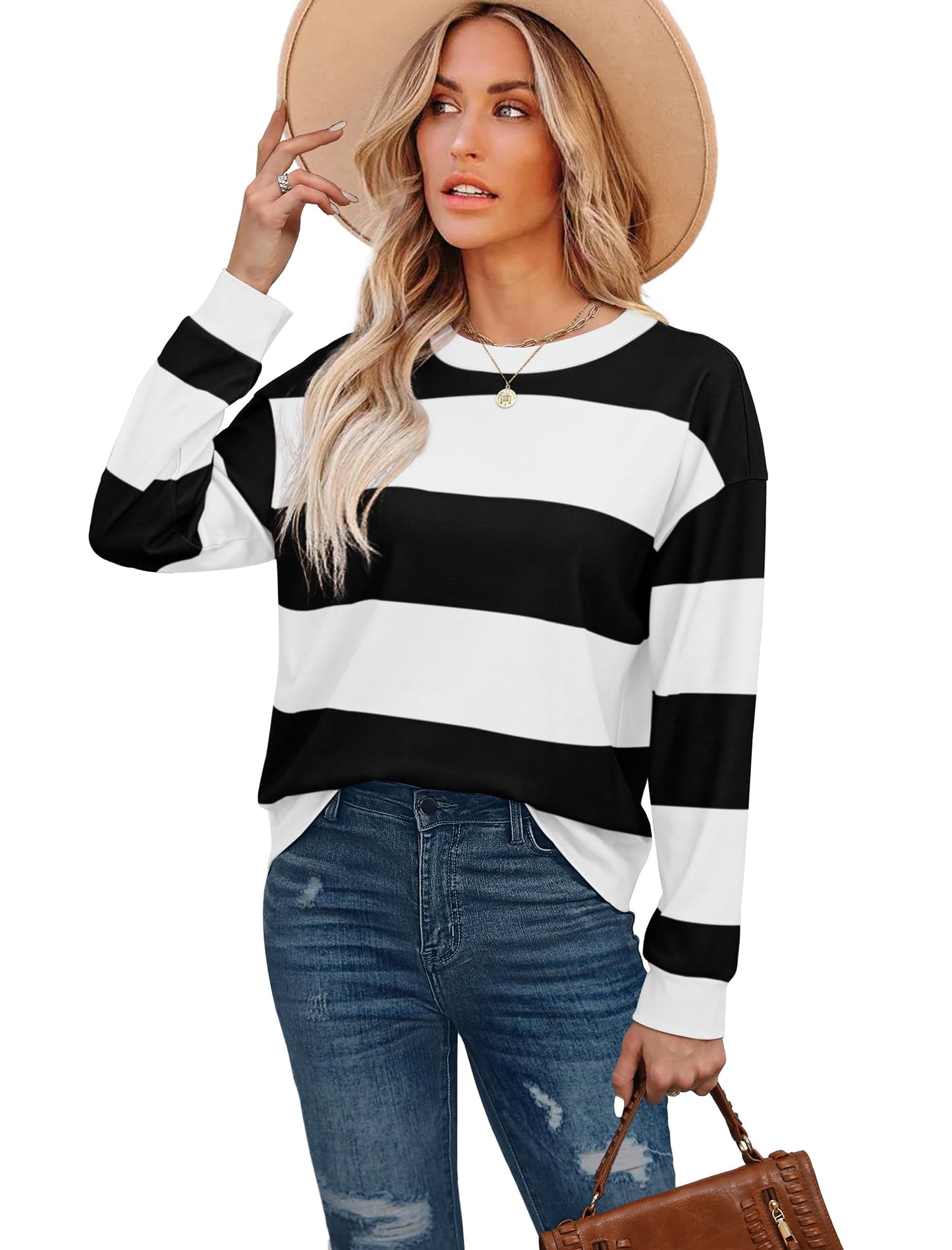 Aokosor Crewneck Sweatshirts Women Long Sleeve Tops Color Block Striped Black and White Sweaters for Women XL