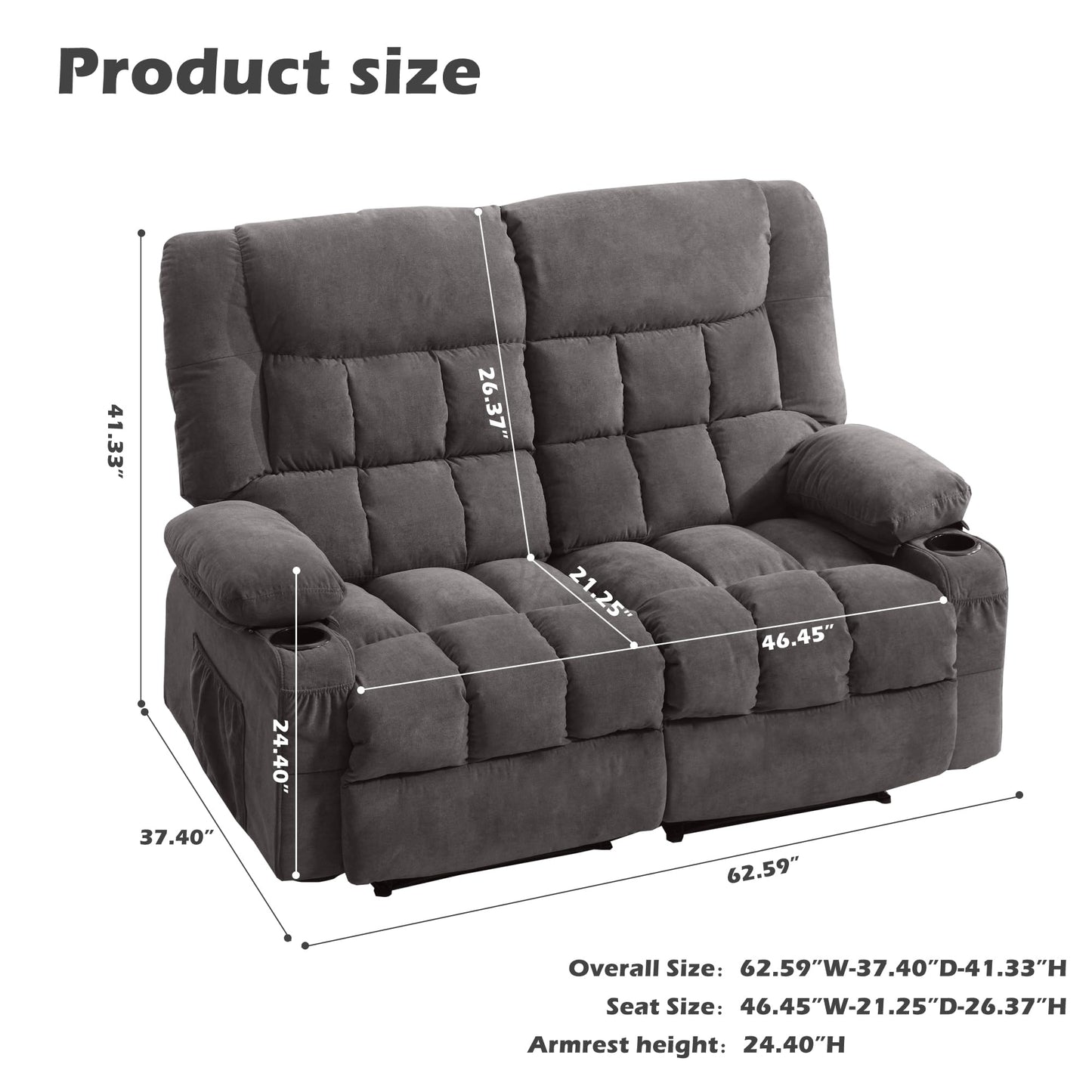 BOSMILLER Reclining Loveseat with Cup Holders for Living Room 2 Seat Manual Loveseat Recliner with Side Pocket