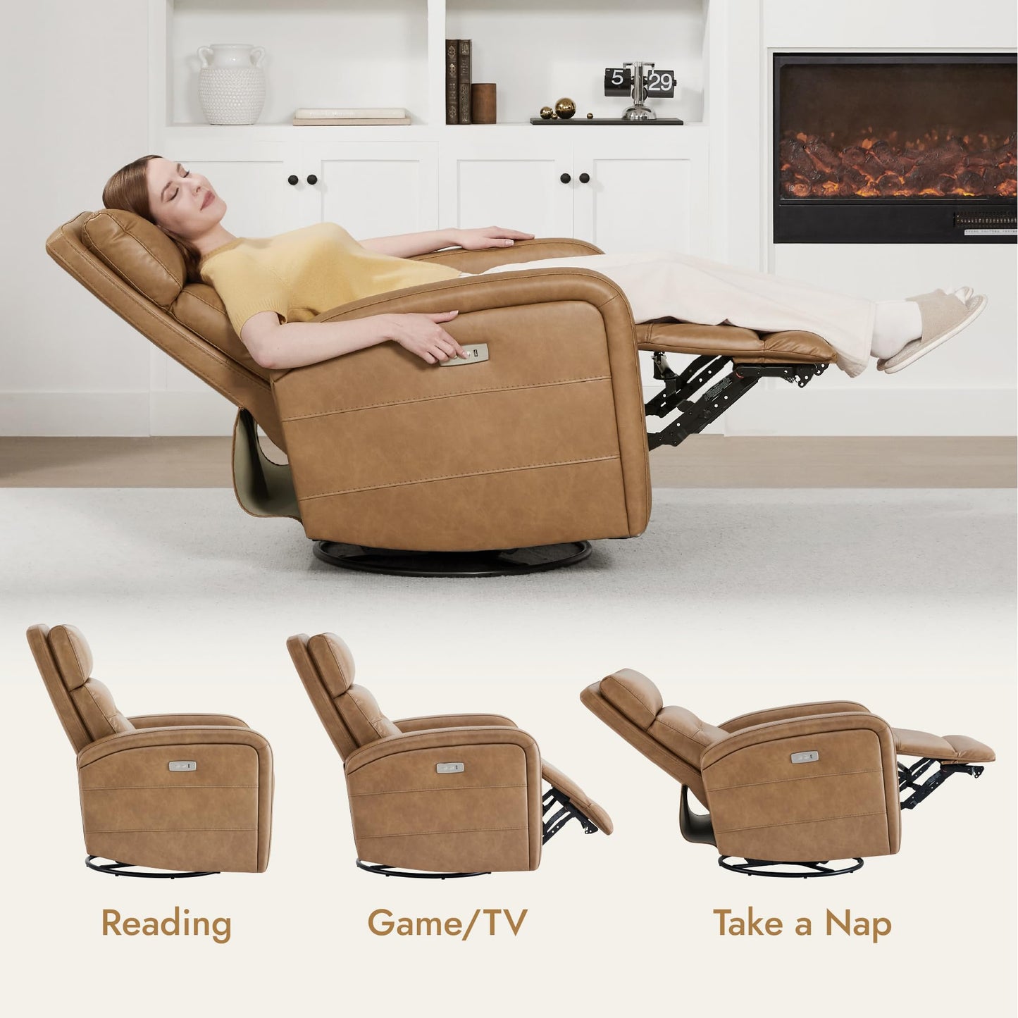 Watson & Whitely Swivel Power Recliner Glider Rocker, Small Recliner Chairs for Living Room, Faux Leather in Camel