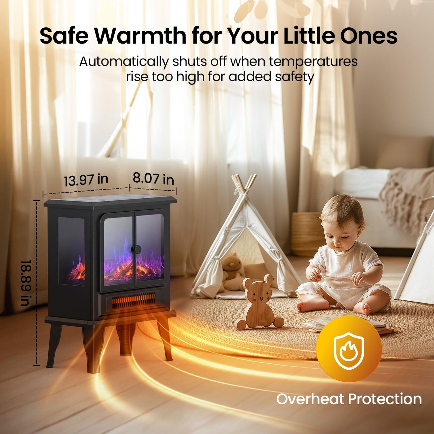 Air Choice Electric Fireplace Heater, 18.9" FreeStanding Fireplace Stove with 3D Flame, 750W/1500W Indoor Space Heater with Overheating Protection, Electric Heating for Living Room, Bedroom